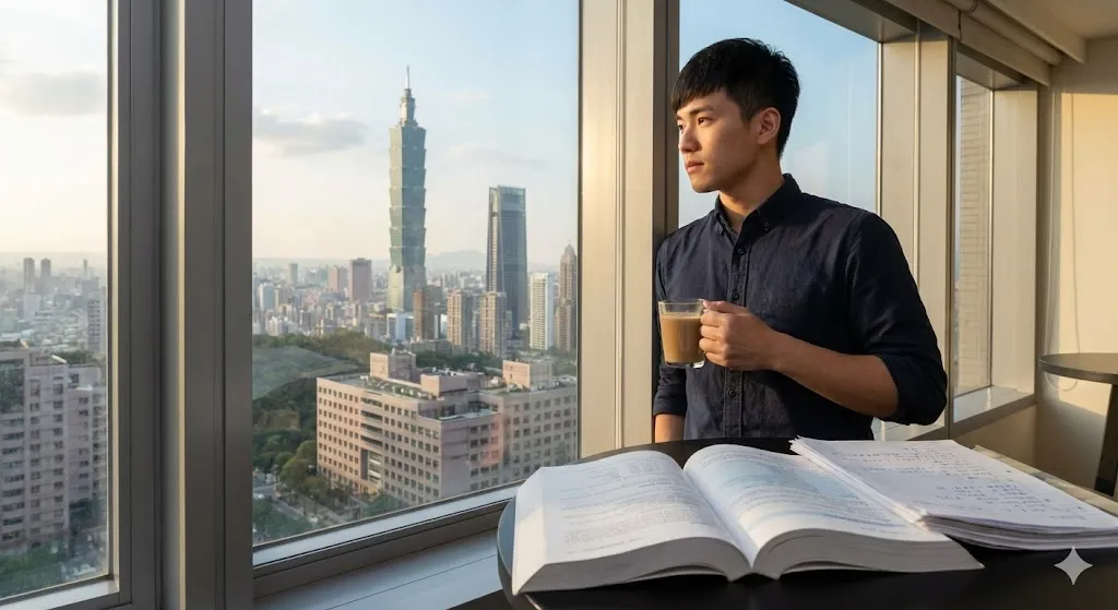 記帳士自學dcard:考生在家中書桌前於夜間複習考科內容