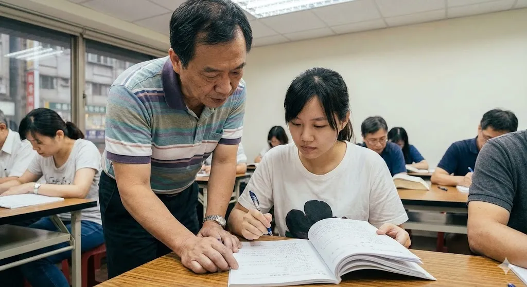 記帳士考生在教室內作答練習,桌上放著考卷與計算機
