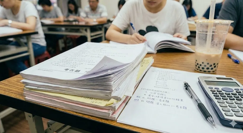 書桌上攤開的記帳士參考書、筆記本與計算機