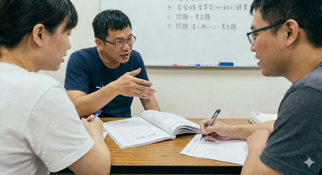 三位記帳士考生圍在桌邊,對照筆記與講義討論題目