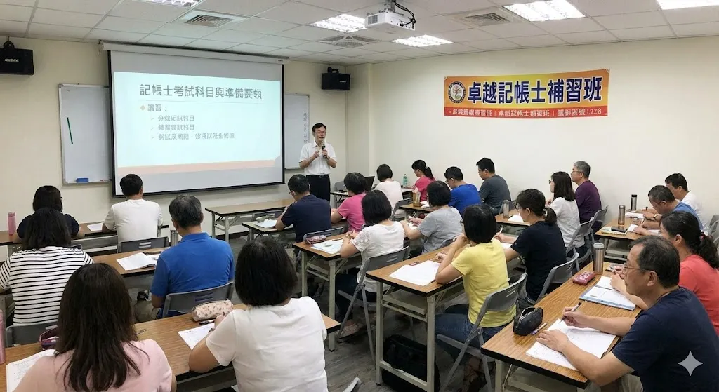 記帳士 自學:考生在家中書桌前於夜間複習考科內容