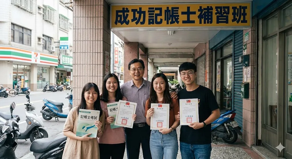 考取記帳士證照的學員在補習班前合影,手持證書